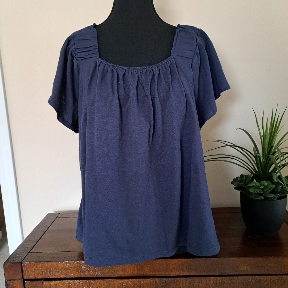 BearPaw Flutter Sleeve Blue Top Women's Medium Off The Shoulder Slub Knit Shirt